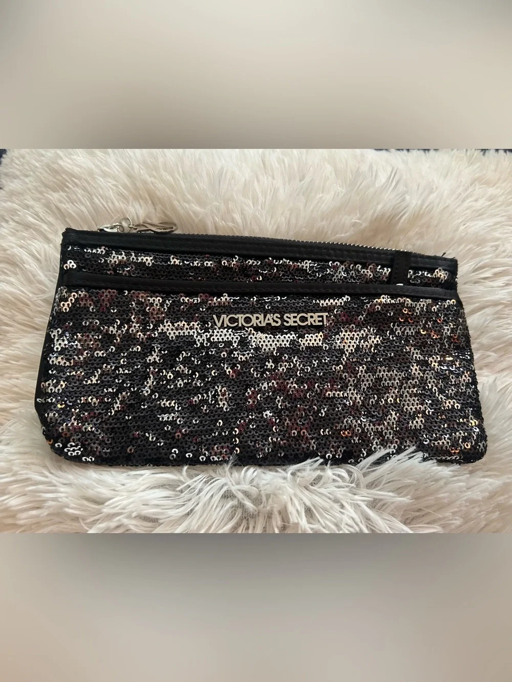 Victoria's Secret Black /Silver Sequin Cosmetics Bag makeup pouch
